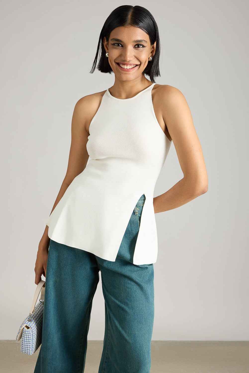White Flared Long Top With Slit