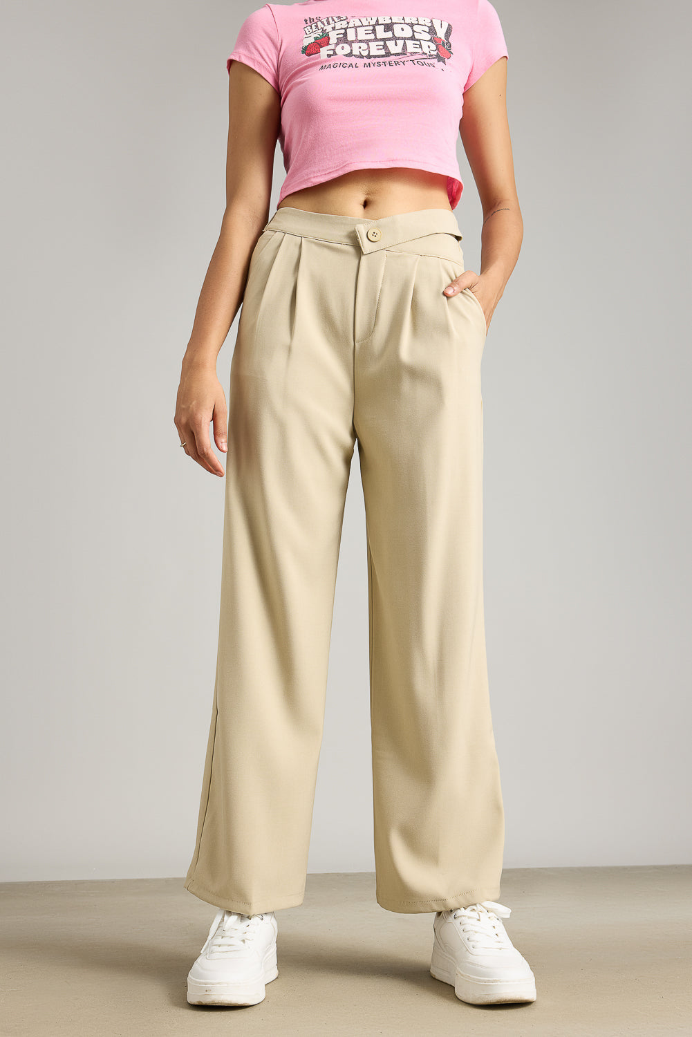 Beige Pleated Formal Korean Pants