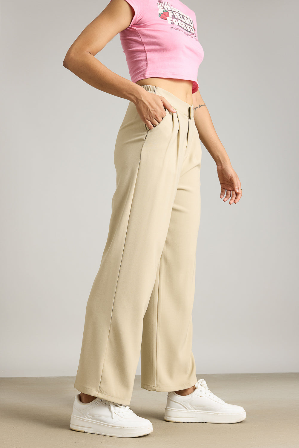 Beige Pleated Formal Korean Pants