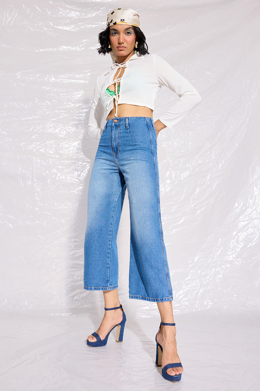 High waisted cropped wide leg jeans