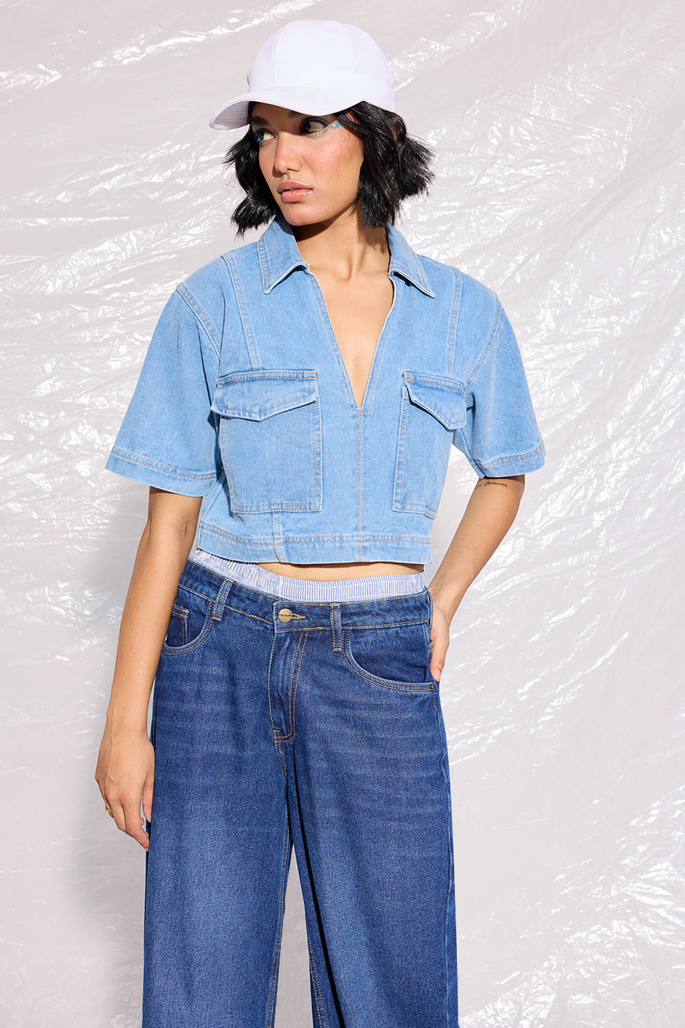 Front Pocket Denim Crop Top