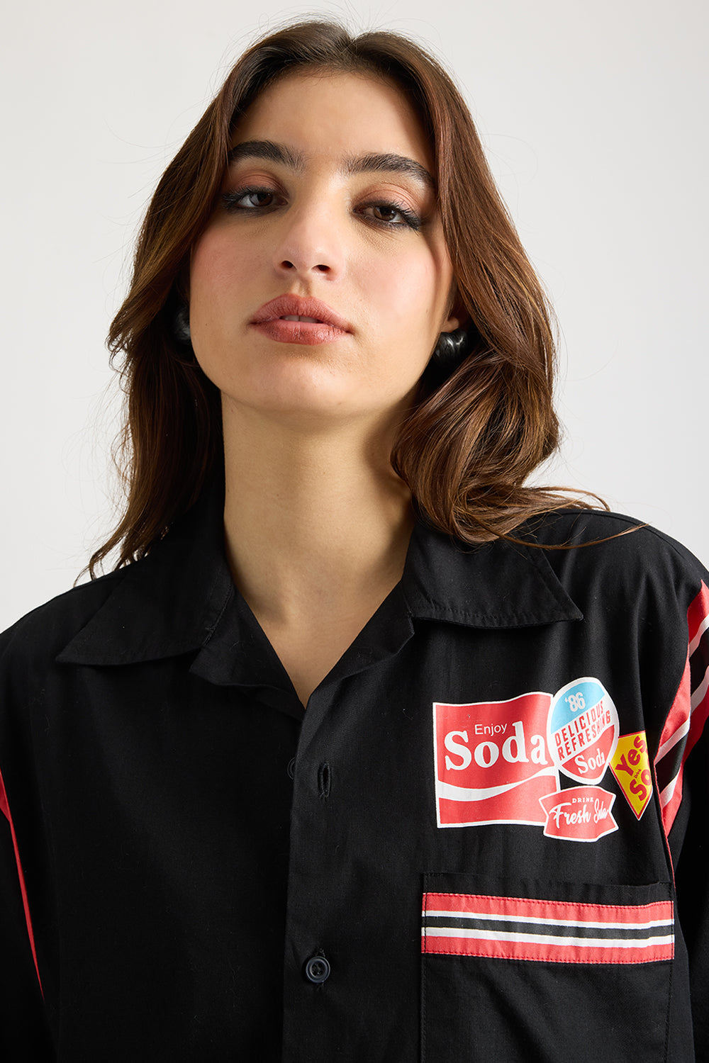 Cotton Poplin Women's Garage Shirt - Black with Sleeve Stripes