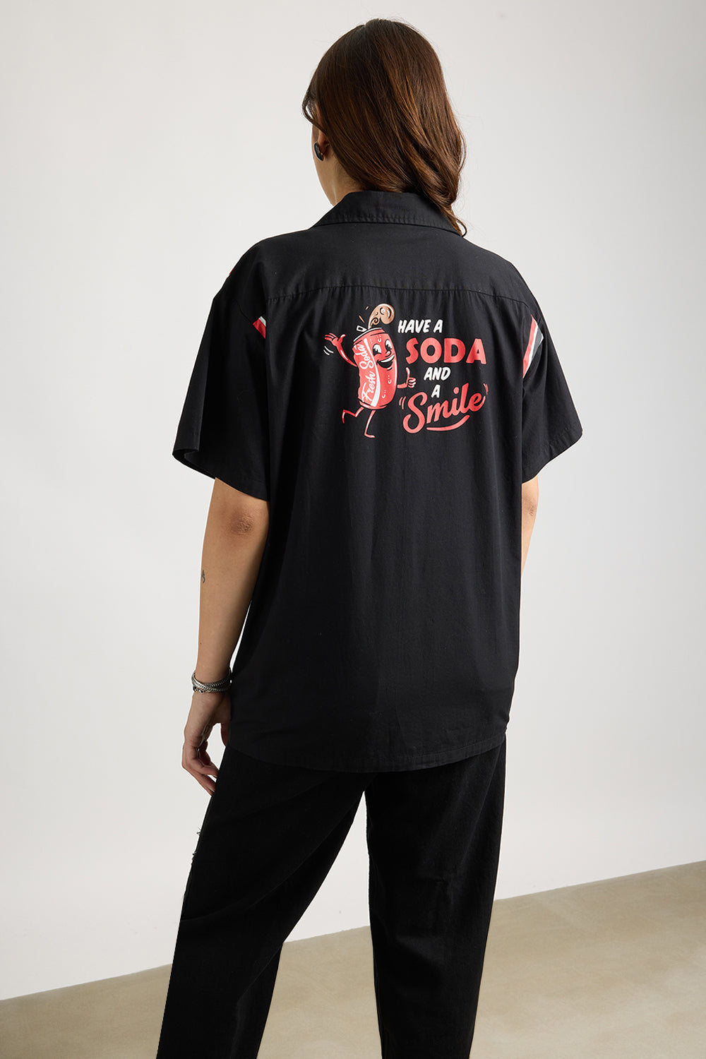 Cotton Poplin Women's Garage Shirt - Black with Sleeve Stripes