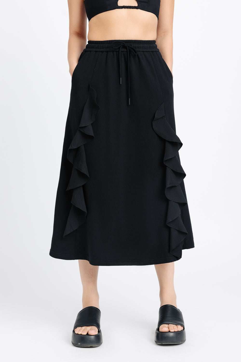 A line black ruffle skirt best sale