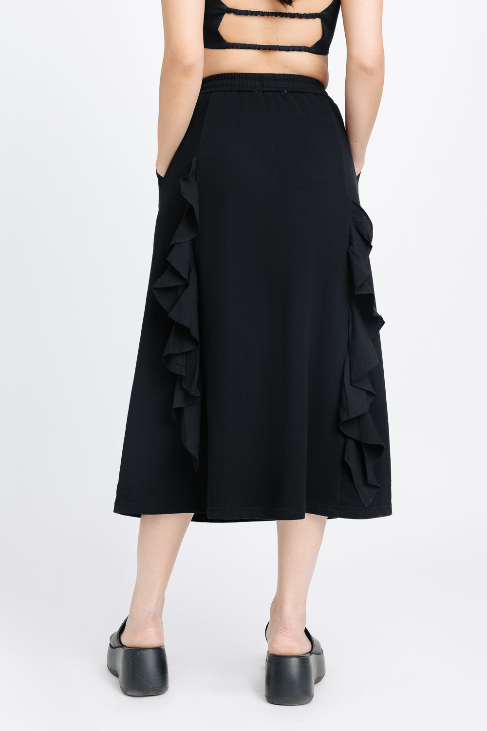 Black Ruffled A-line Midi Skirt