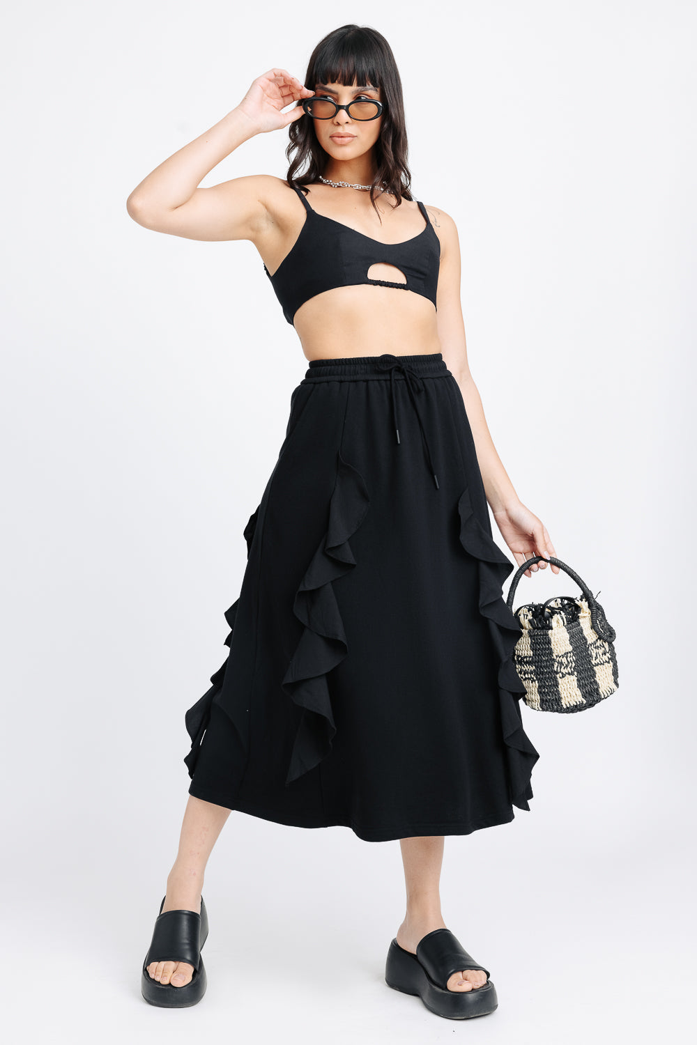 Black Ruffled A-line Midi Skirt