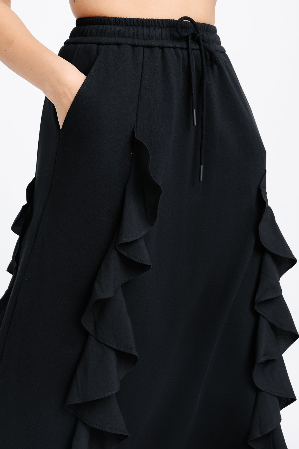 Black Ruffled A-line Midi Skirt