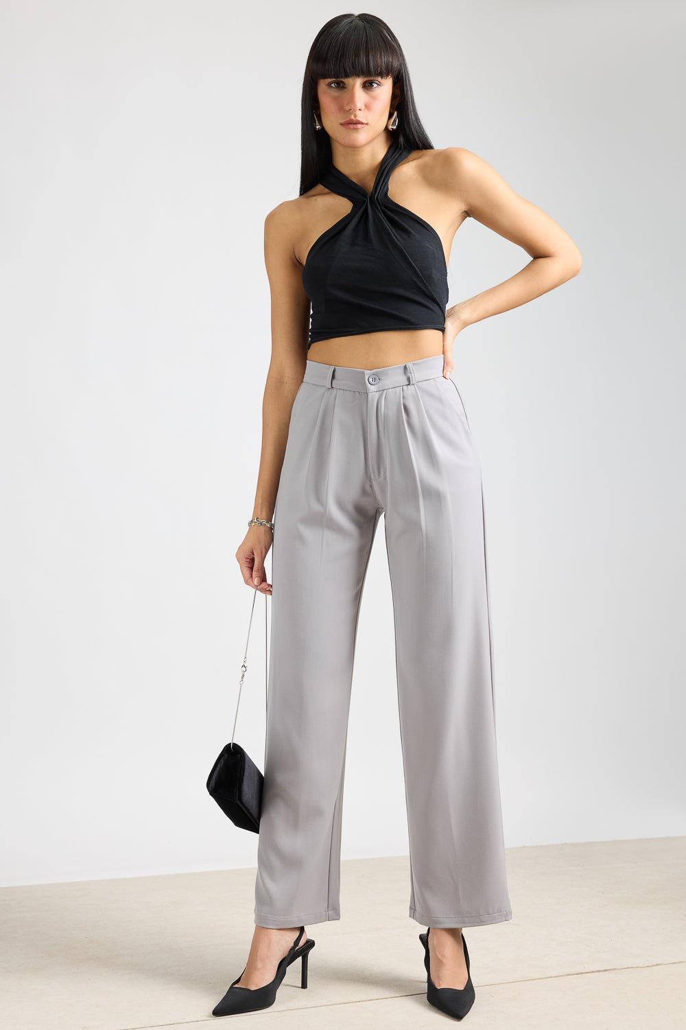 Light grey pleated straight fit korean pant
