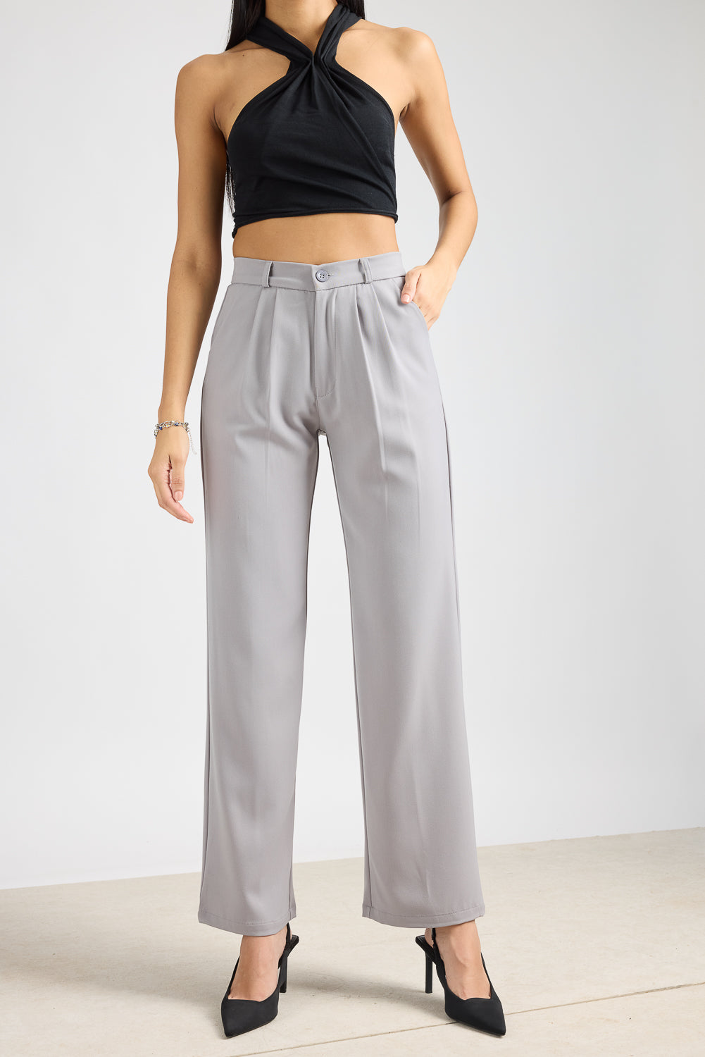Light grey pleated straight fit korean pant