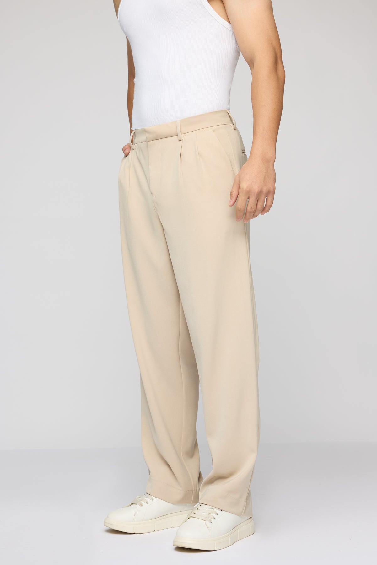 Sand Beige Men's Pleated Korean Pants