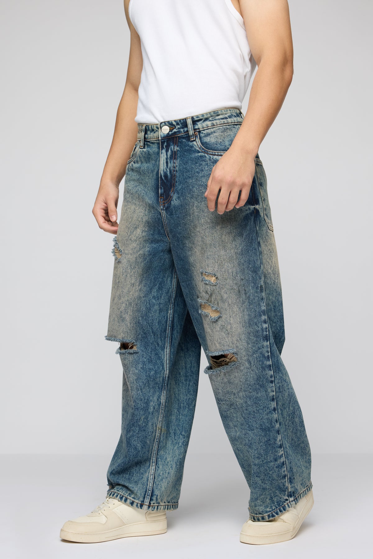 Mid Blue Mayhem Ripped Men's Wide Leg Jeans