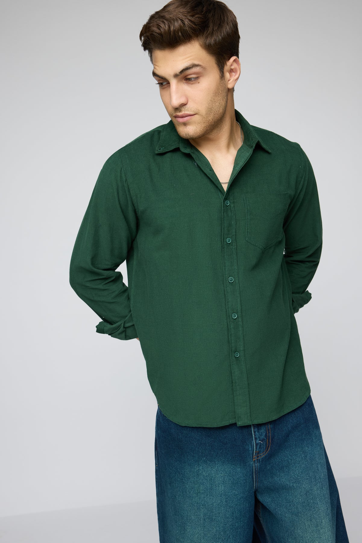 Forest Green Men's Long Sleeve Corduroy Shirt