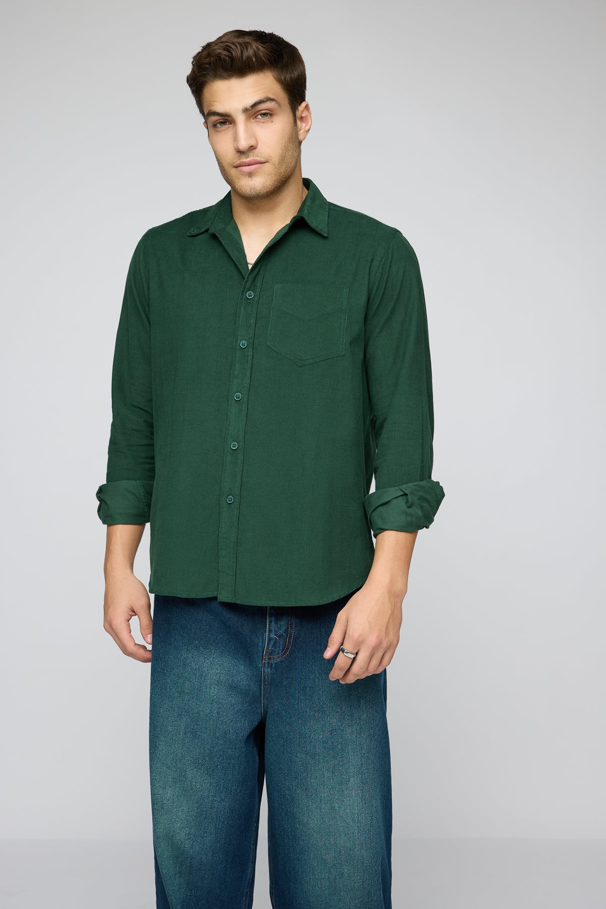 Forest Green Men's Long Sleeve Corduroy Shirt