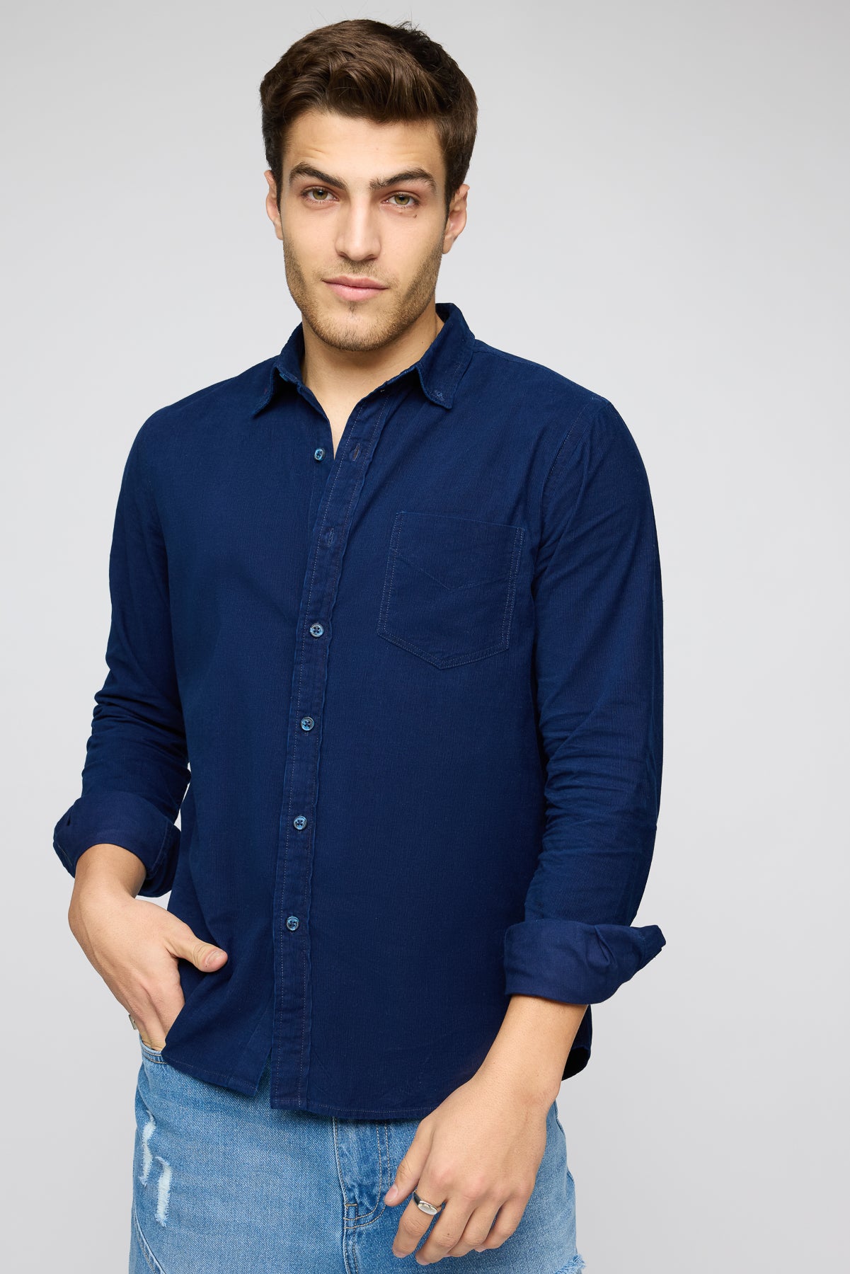 Navy Luxe Men's Long Sleeve Corduroy Shirt