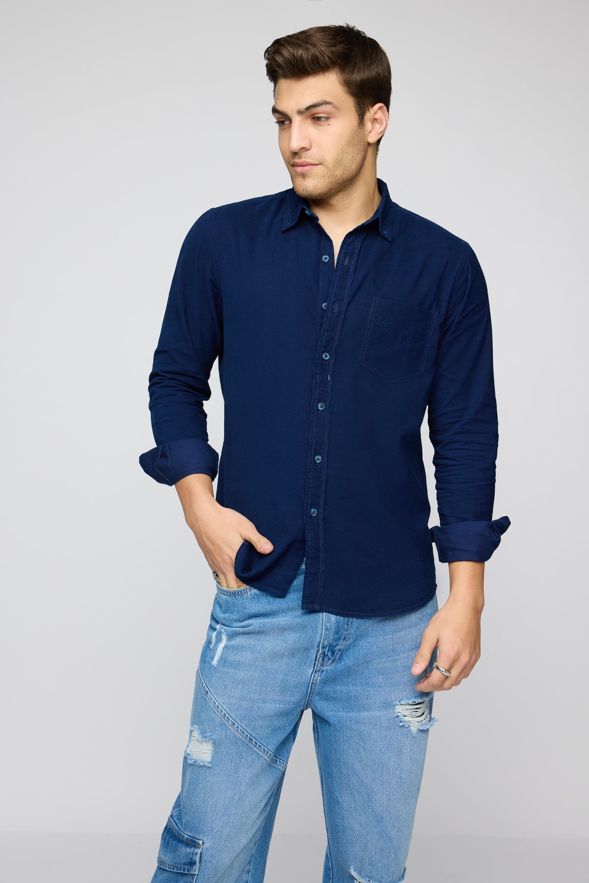 Navy Luxe Men's Long Sleeve Corduroy Shirt