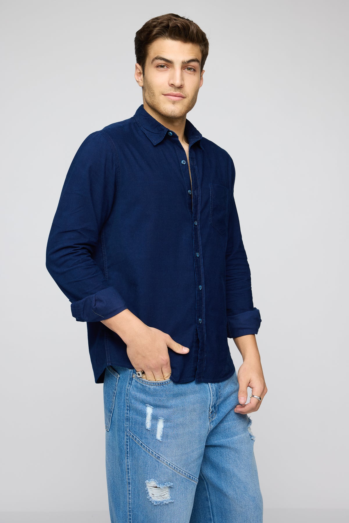 Navy Luxe Men's Long Sleeve Corduroy Shirt