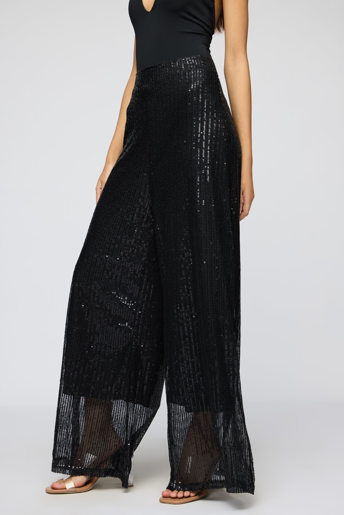 Shimmering Noir Sequin Flare Fit Korean Pants