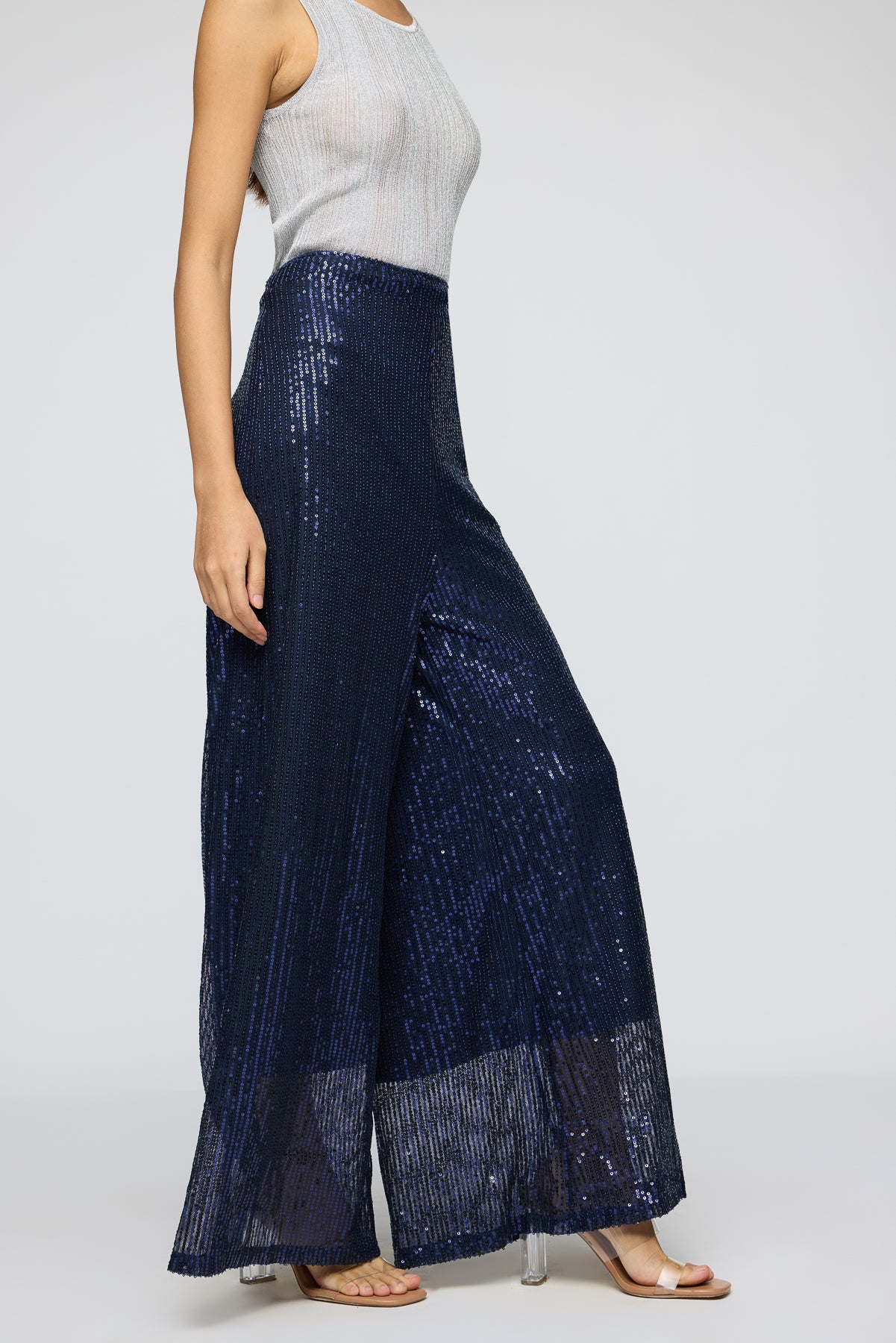 Moonlight Navy Sequin Flare Fit Korean Pants