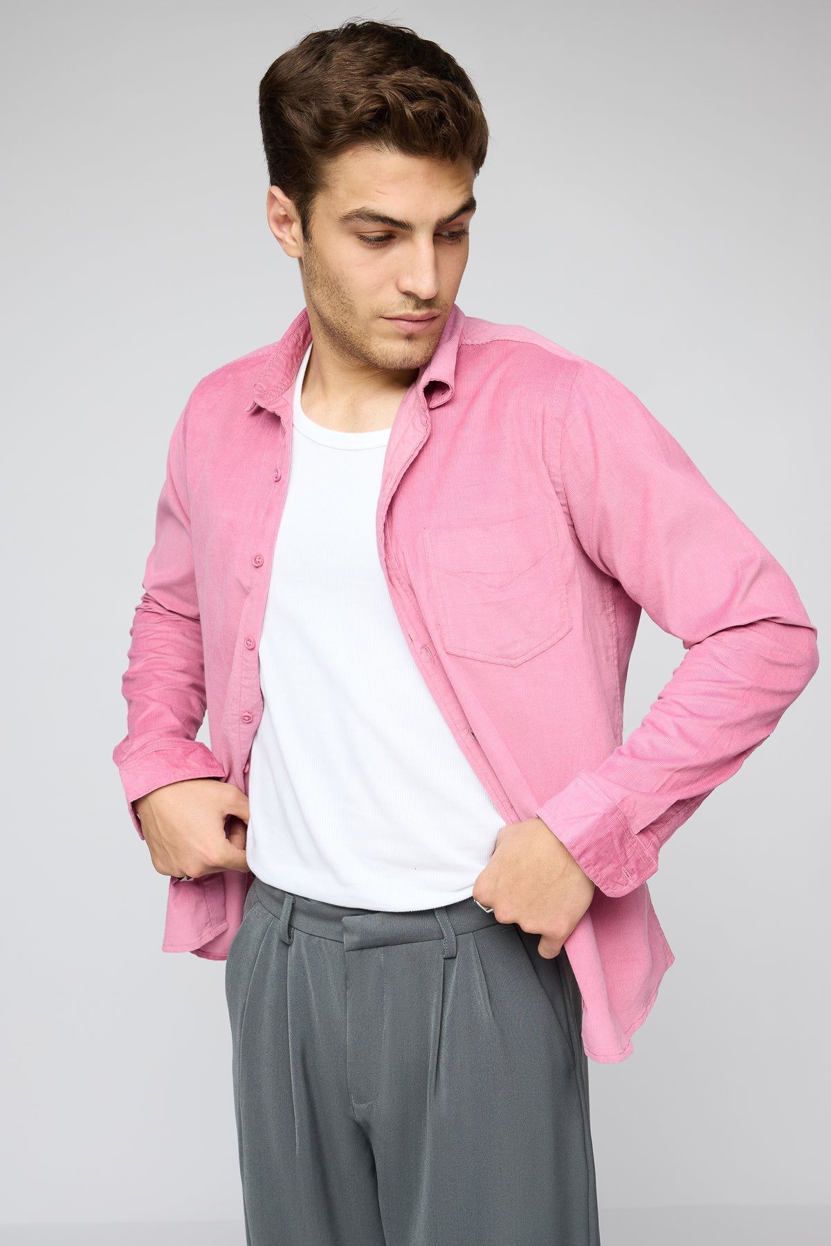 Soft Pink Men's Long Sleeve Corduroy Shirt