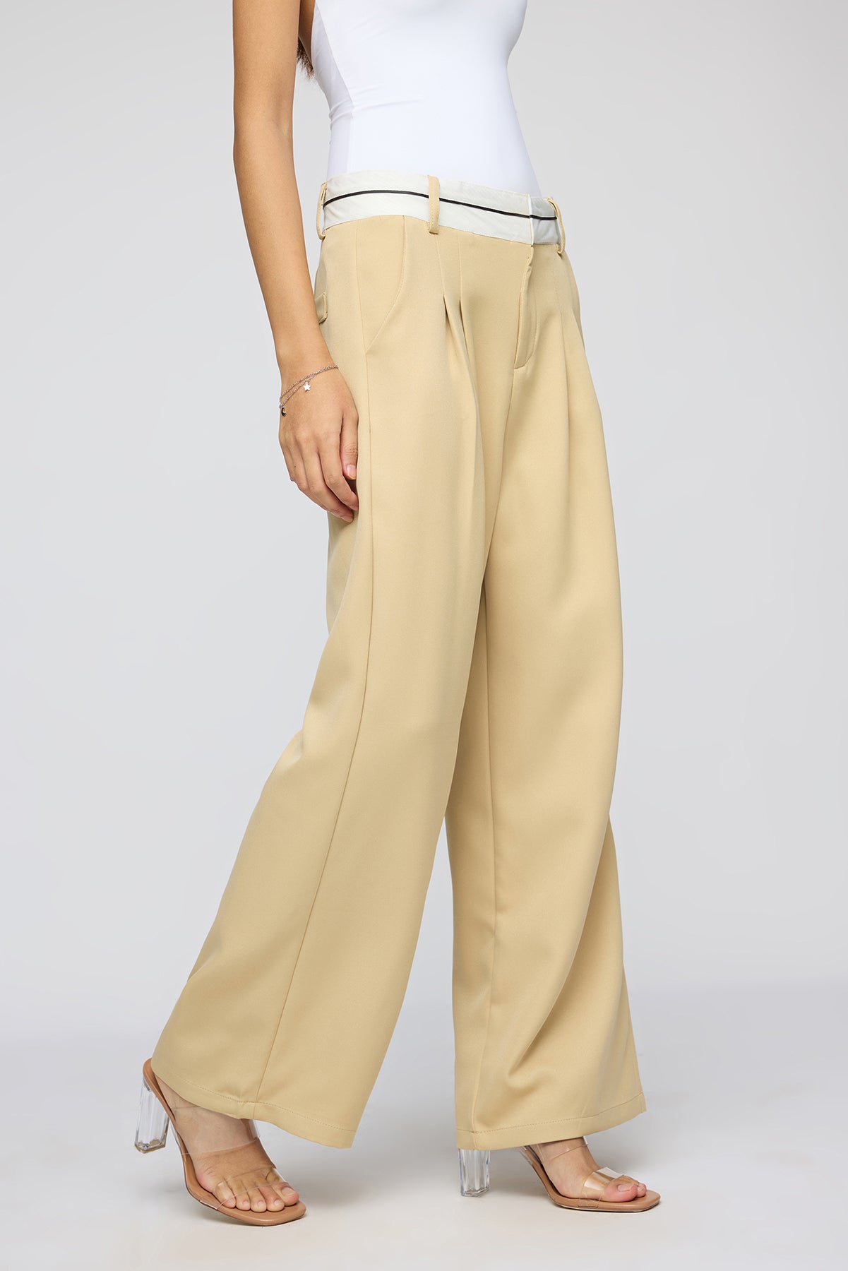 Pale Khaki Contrast Waist Korean Pants