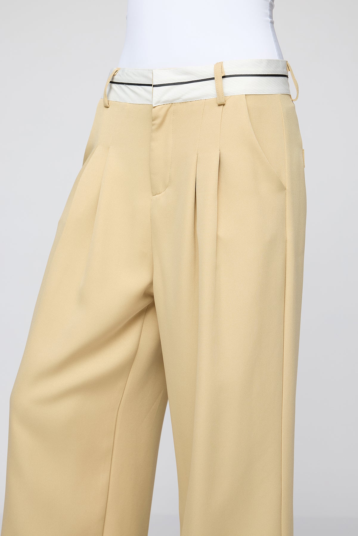 Pale Khaki Contrast Waist Korean Pants