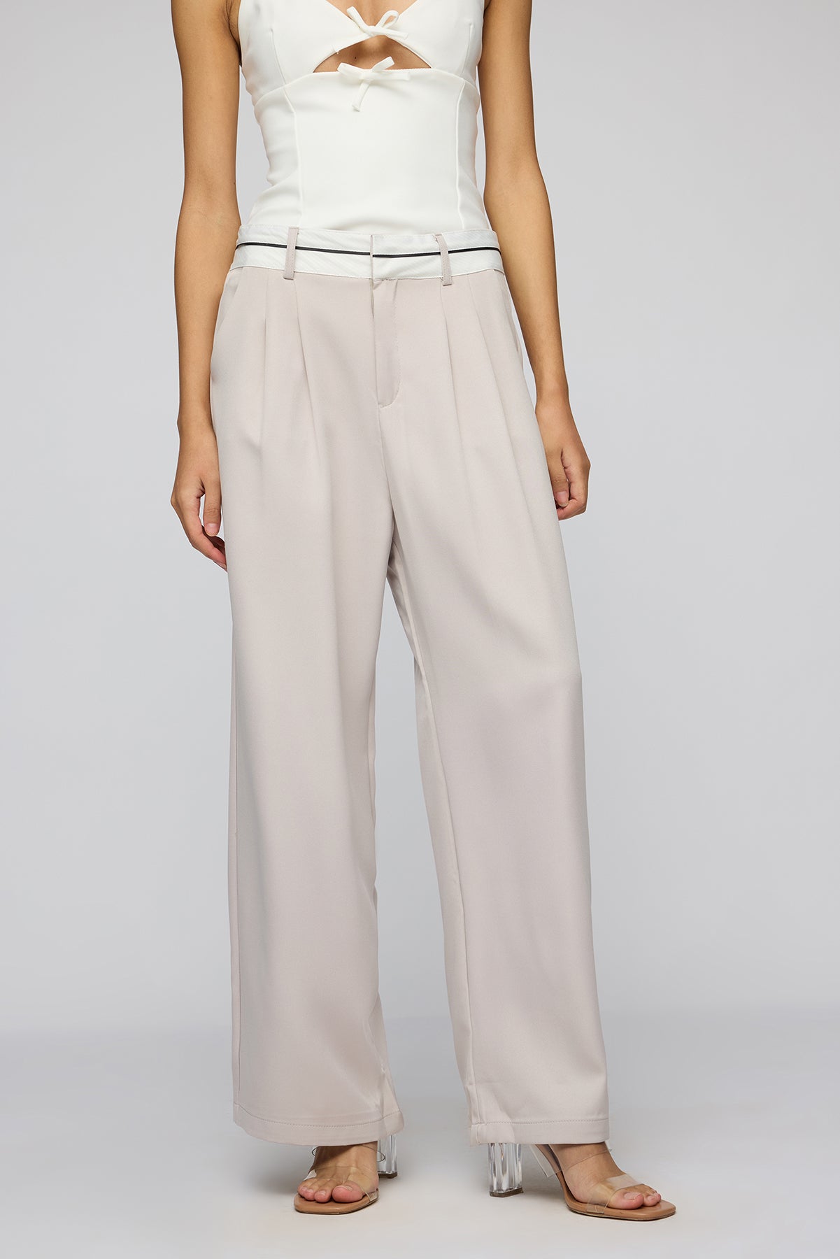 Silver Grey Contrast Waist Korean Pants