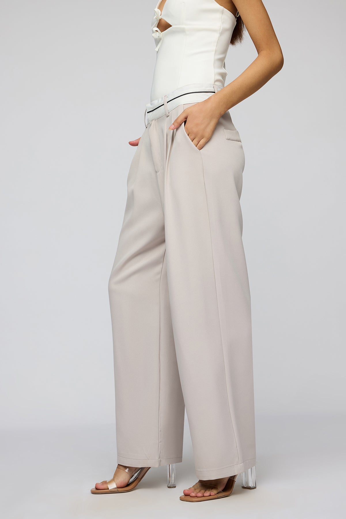 Silver Grey Contrast Waist Korean Pants