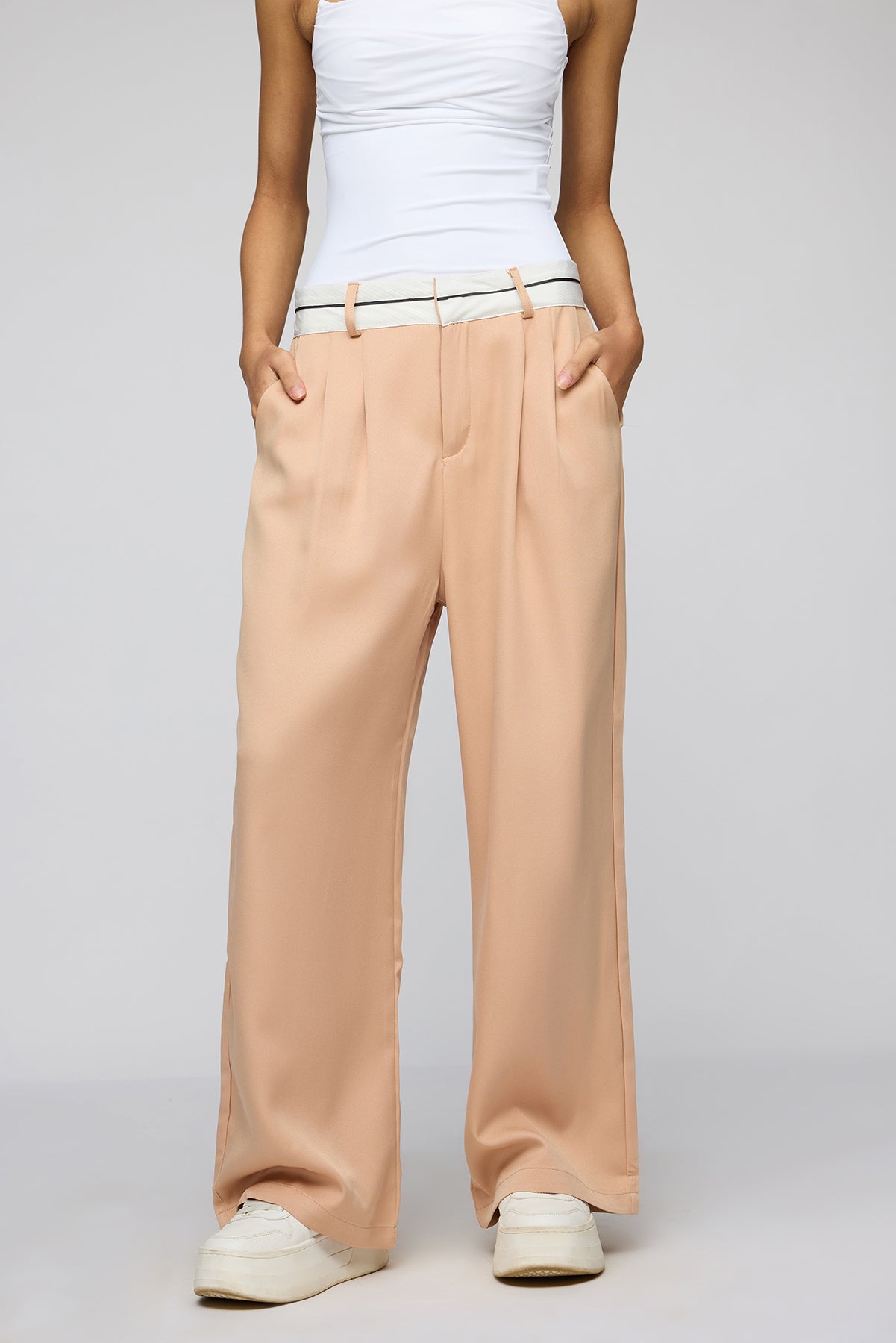 Muted Peach Contrast Waist Korean Pants