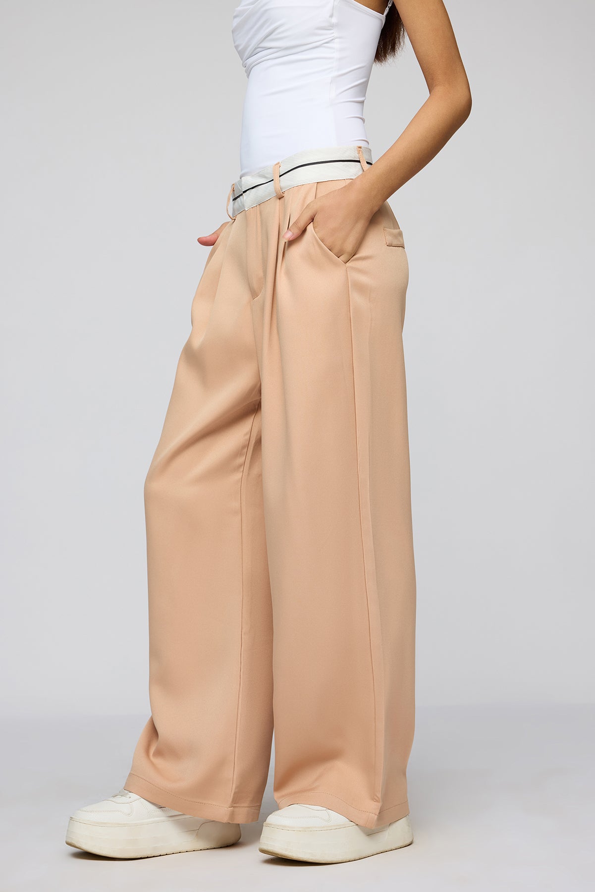 Muted Peach Contrast Waist Korean Pants