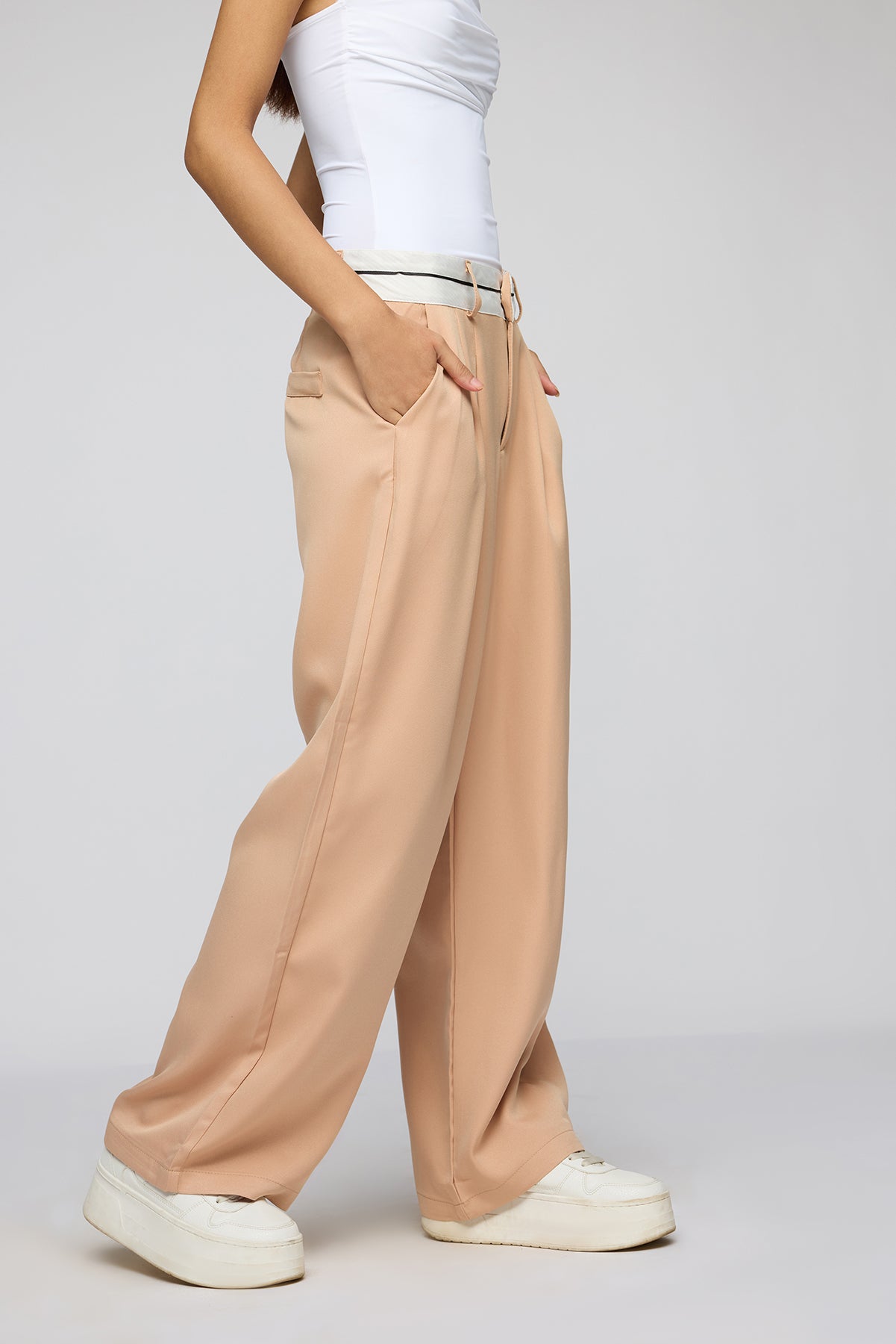 Muted Peach Contrast Waist Korean Pants