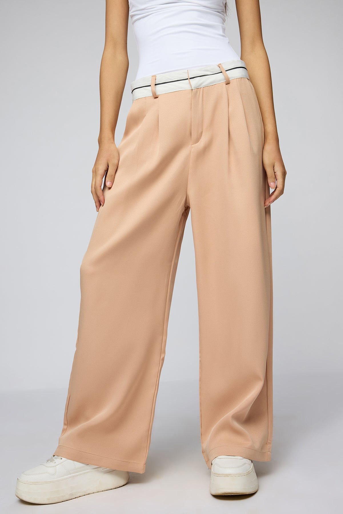 Muted Peach Contrast Waist Korean Pants