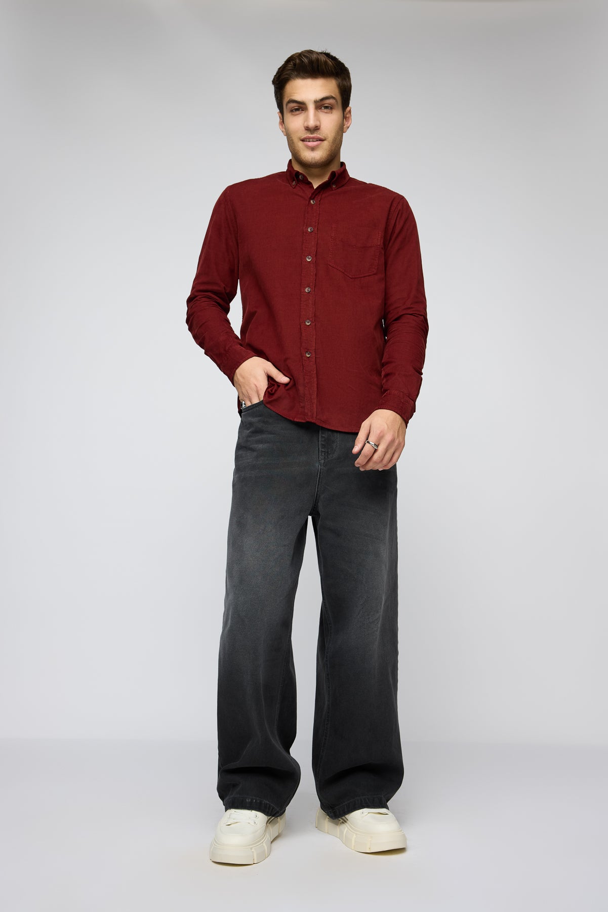 Fiery Red Men's Long Sleeve Corduroy Shirt