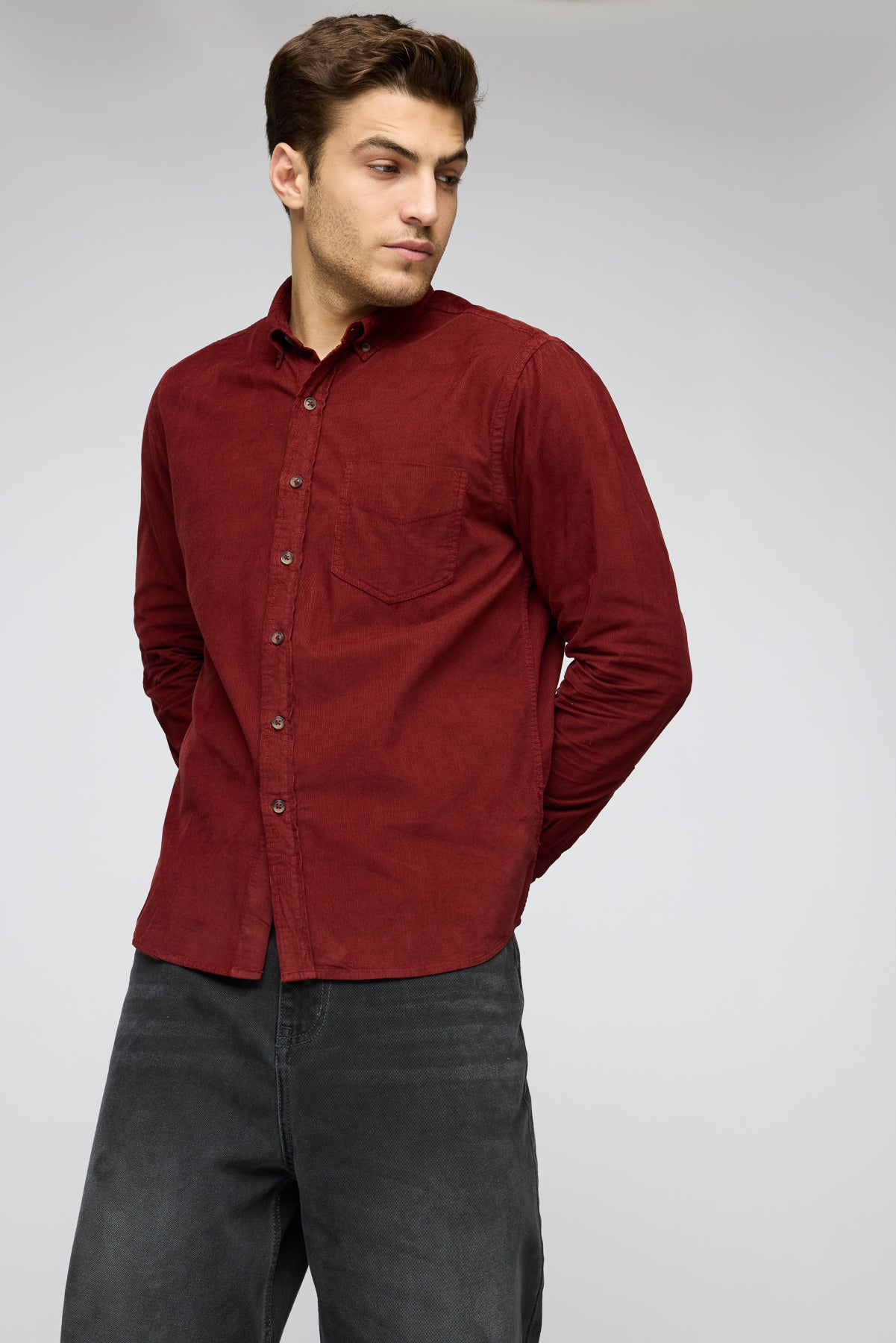 Fiery Red Men's Long Sleeve Corduroy Shirt