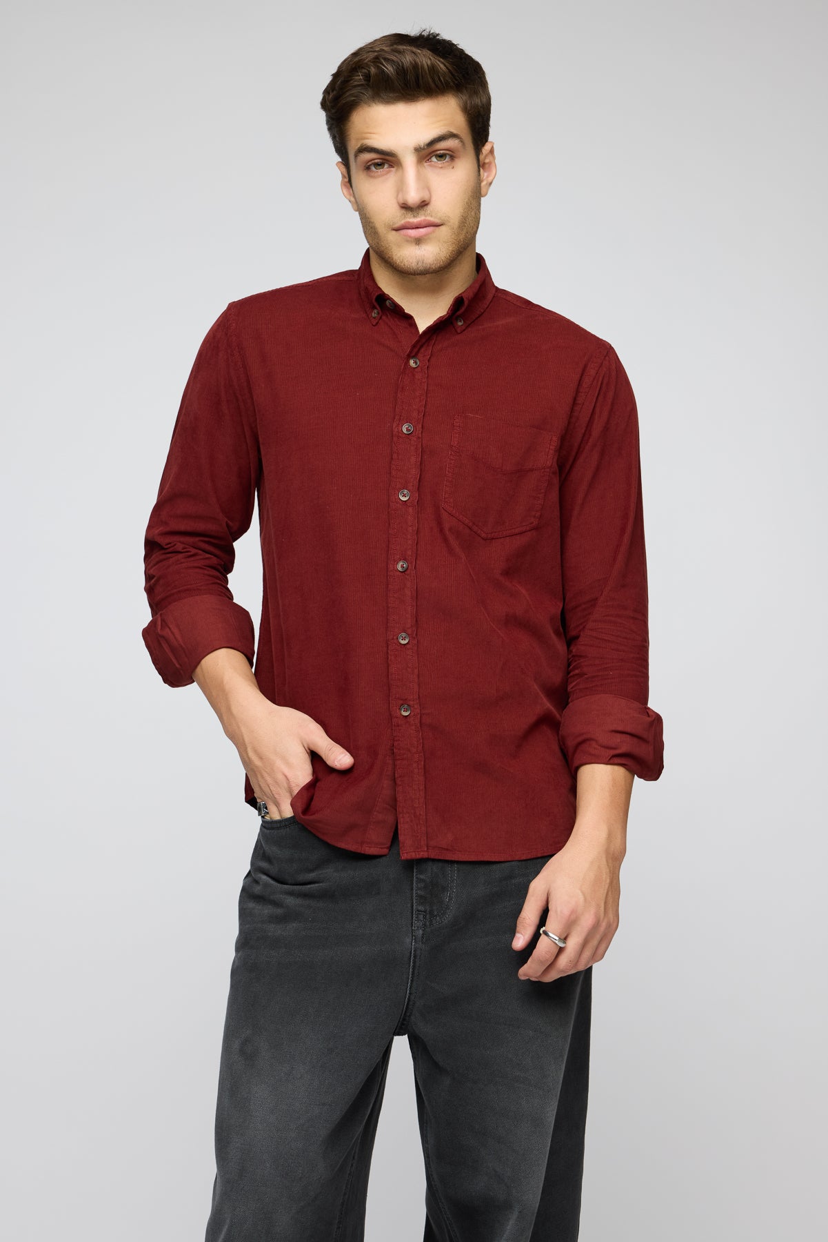 Fiery Red Men's Long Sleeve Corduroy Shirt