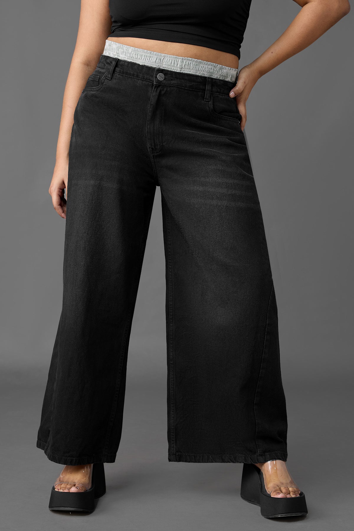 Curve Wide Leg Black Boxer Jeans