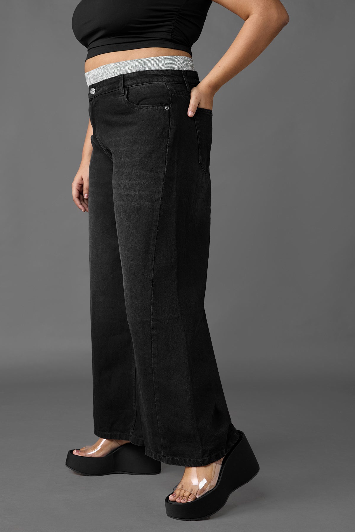 Curve Wide Leg Black Boxer Jeans