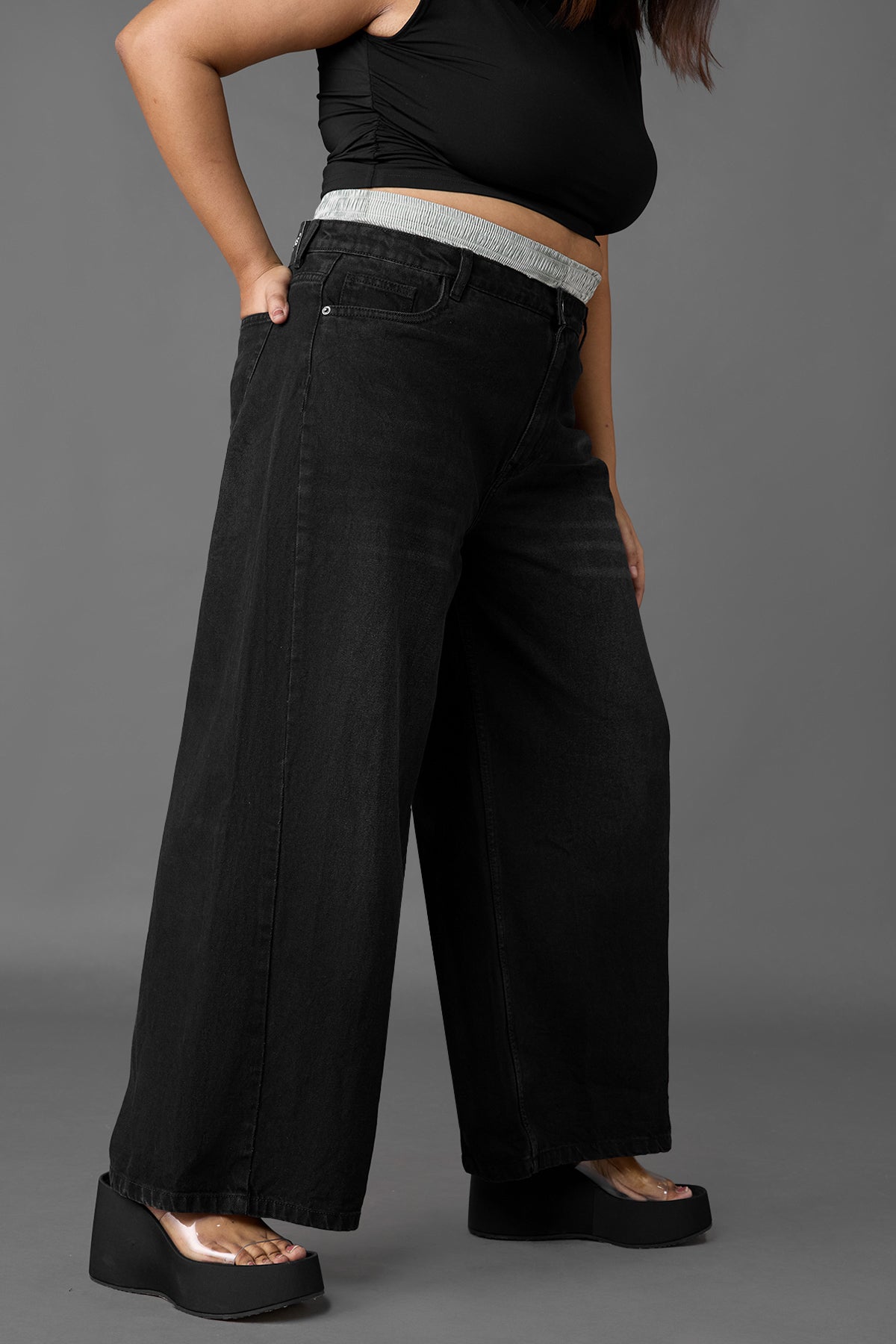 Curve Wide Leg Black Boxer Jeans