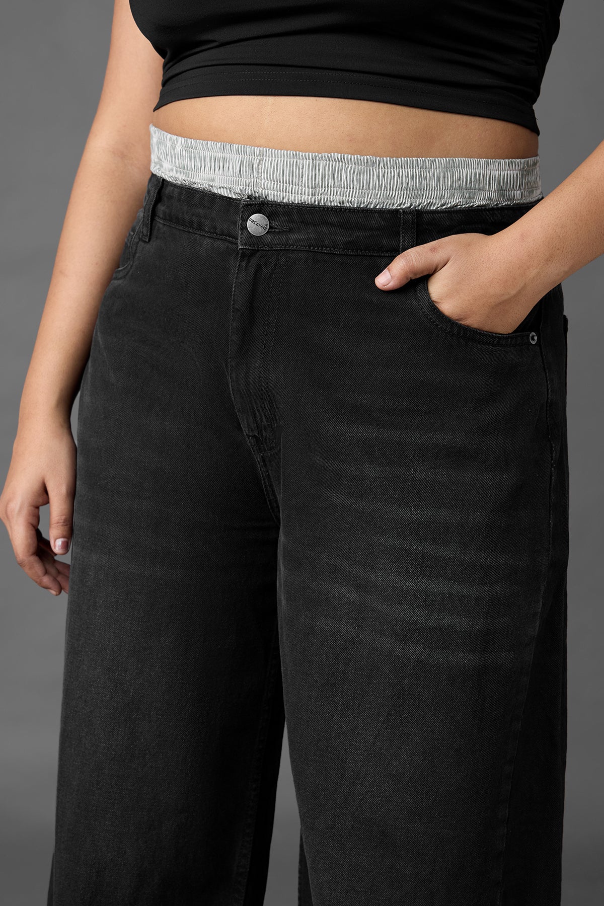 Curve Wide Leg Black Boxer Jeans