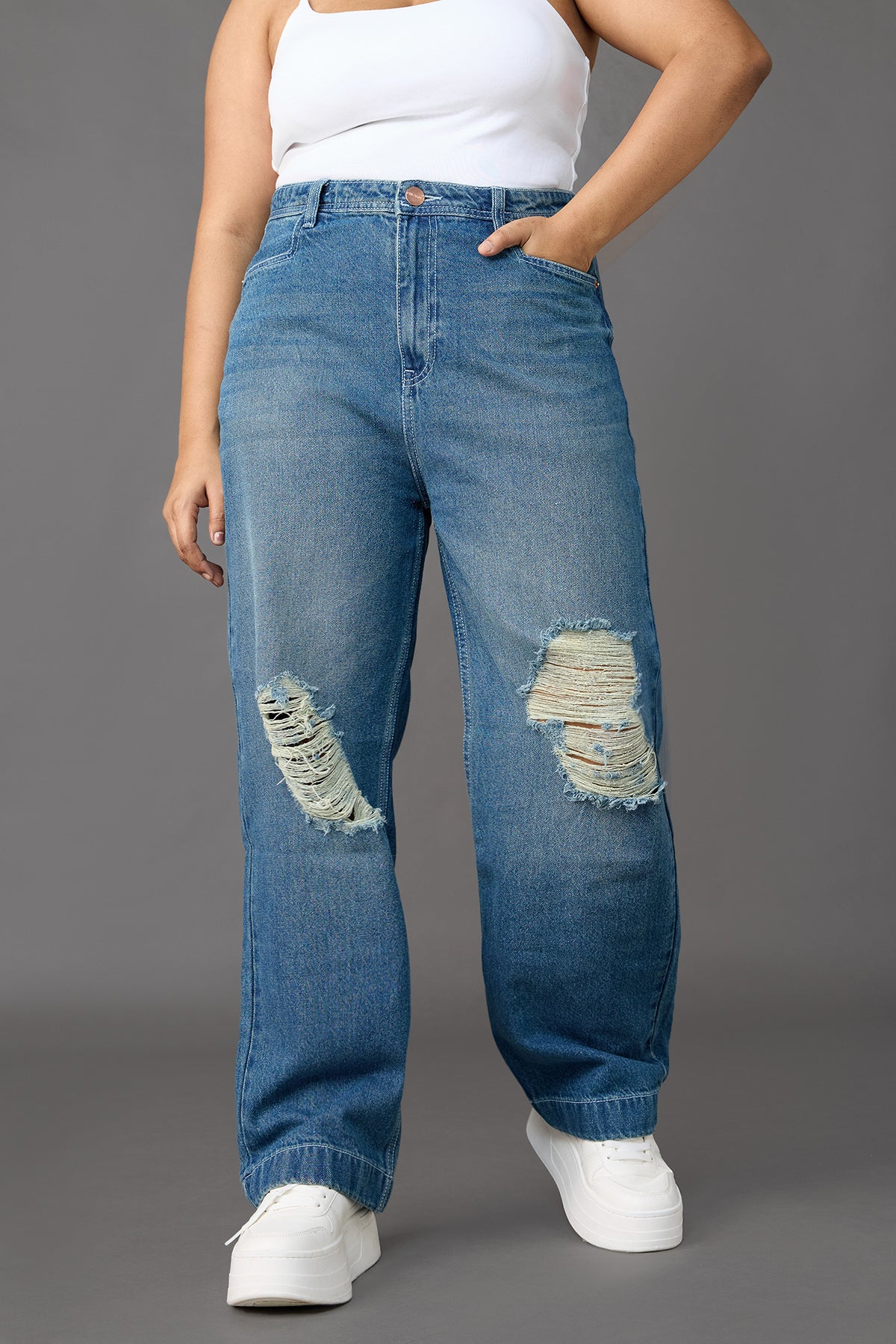 Curve Muse Blue Distressed Straight Jeans