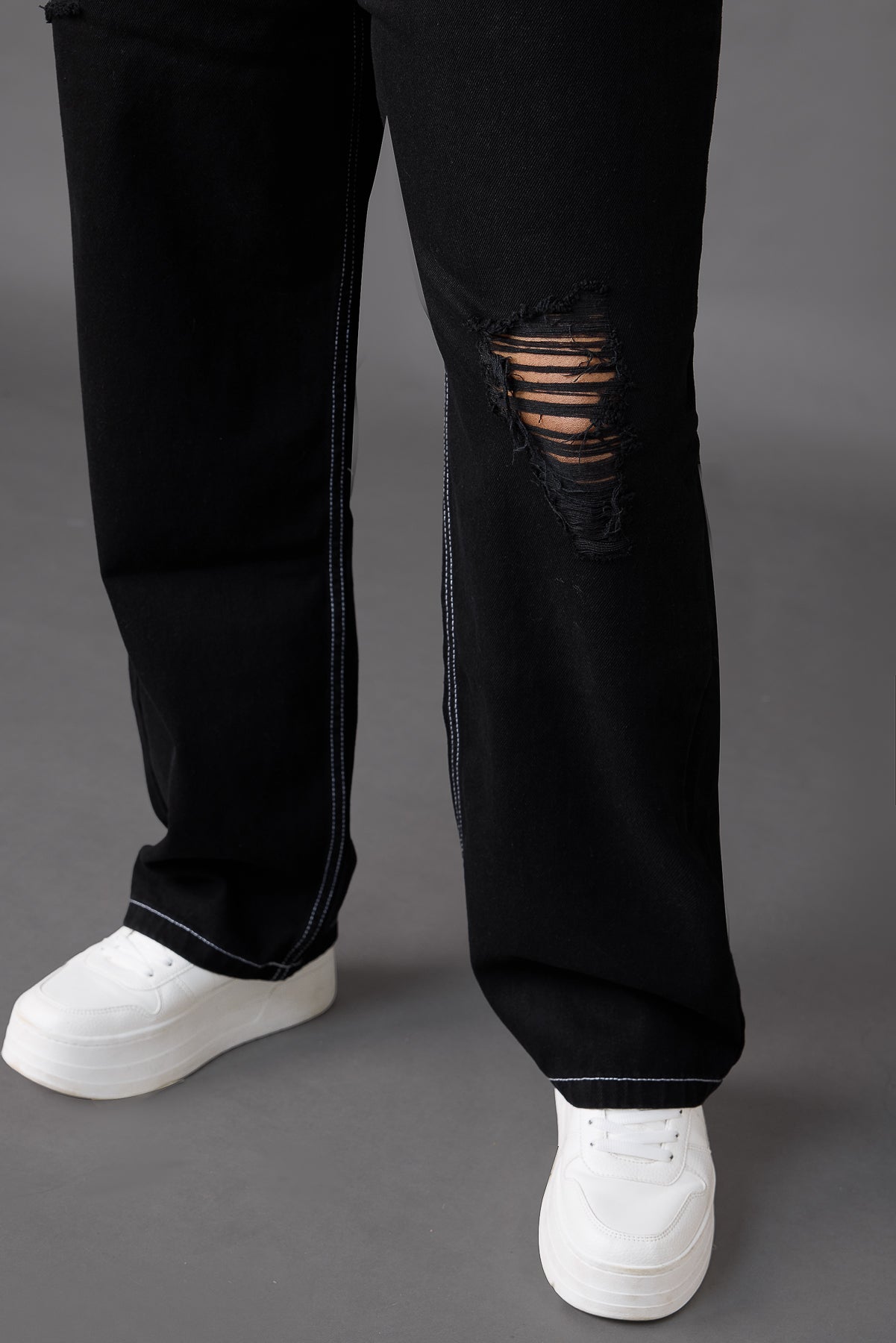 Curve Black Distress Straight Jeans