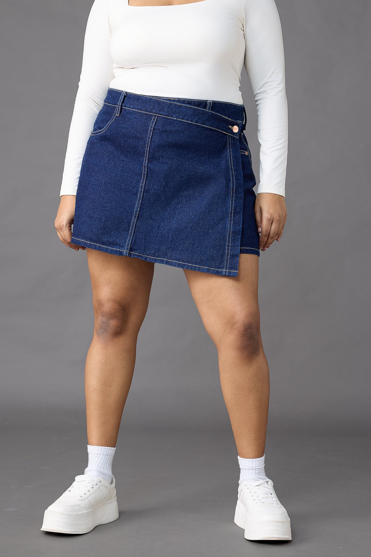 Asymmetrical Raw Curve Denim Skort