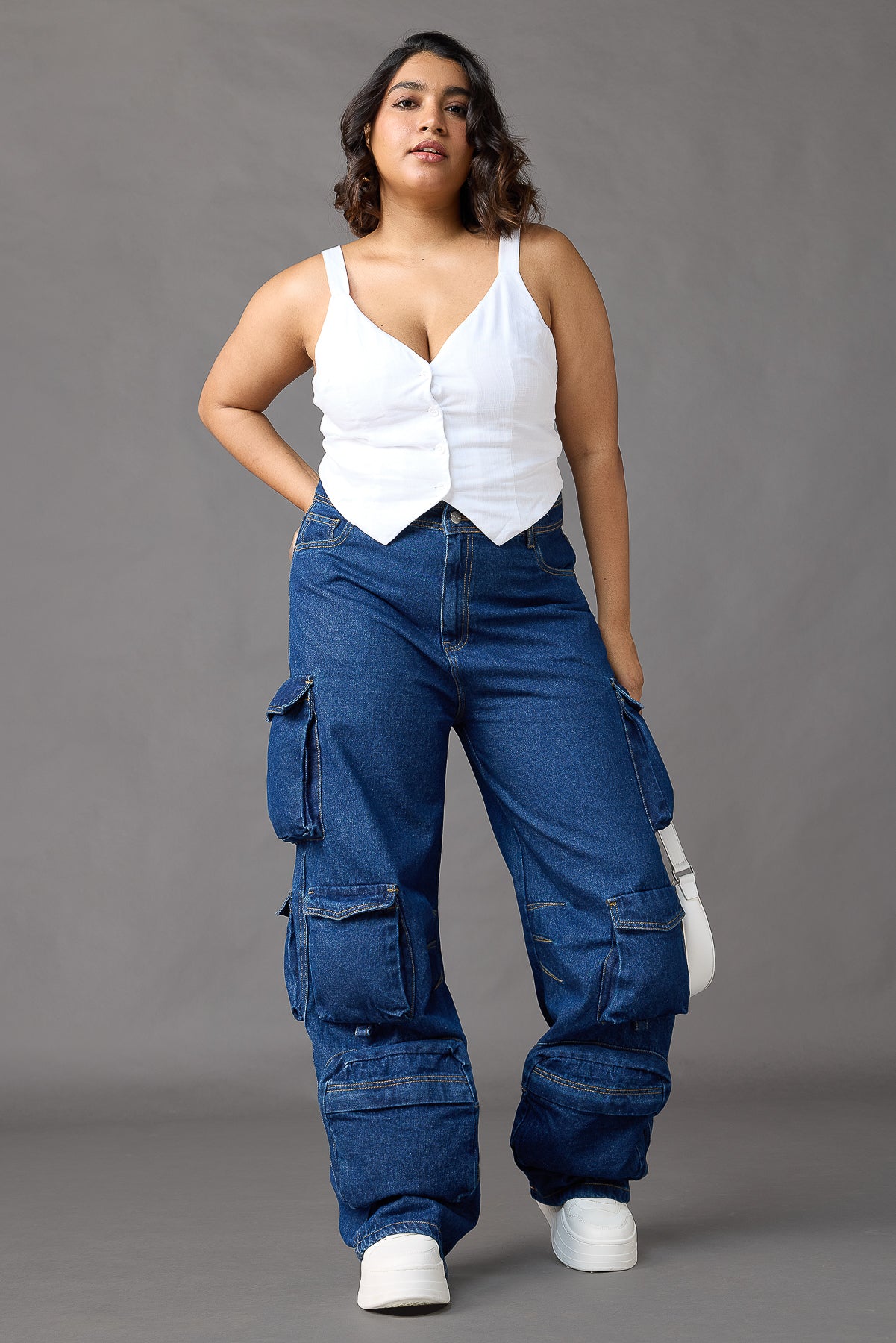 Curve Blue Straight Cargo Jeans