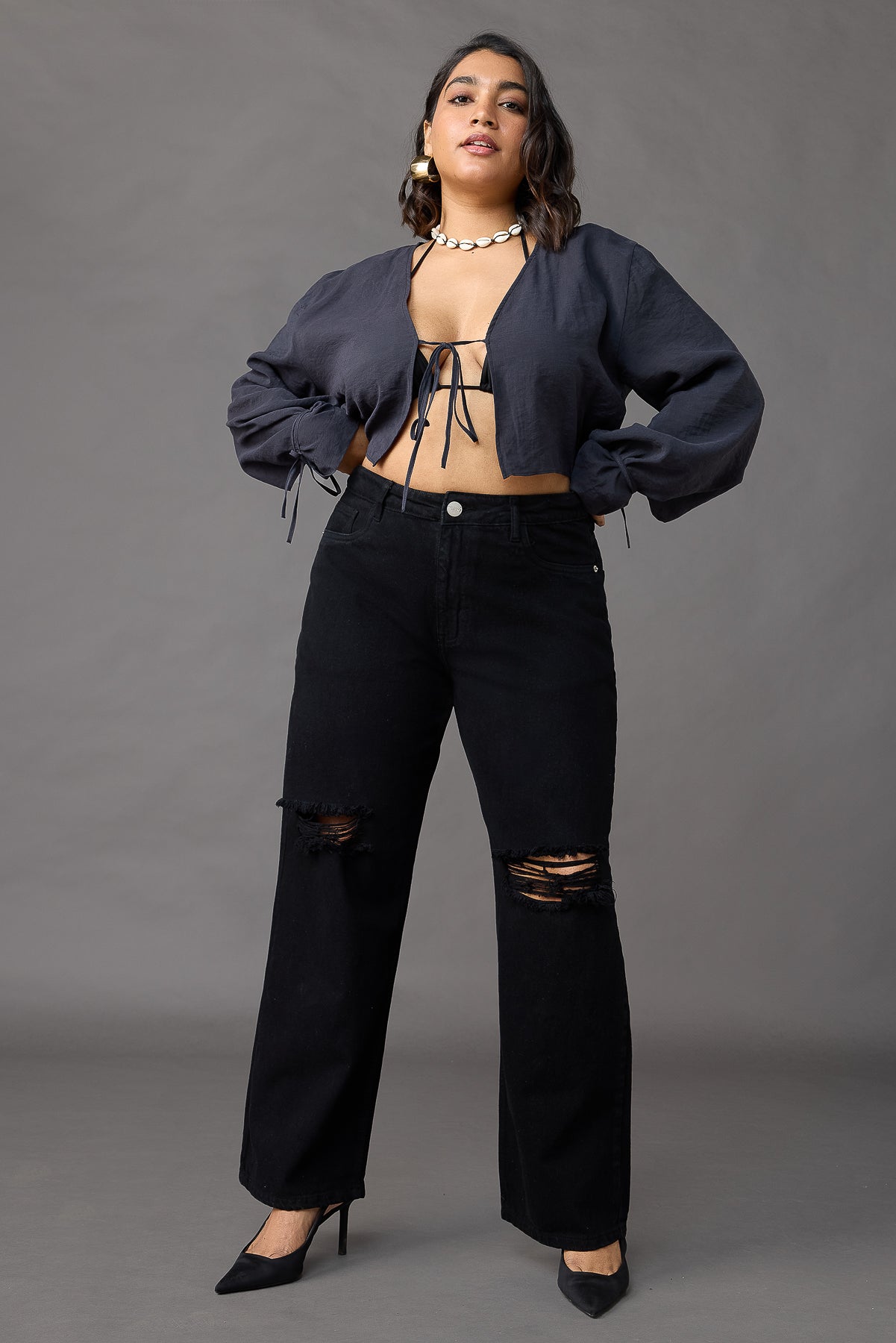 Curve Black Distressed Wide Jeans