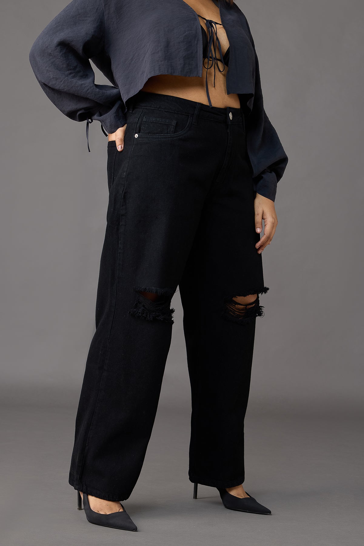 Curve Black Distressed Wide Jeans