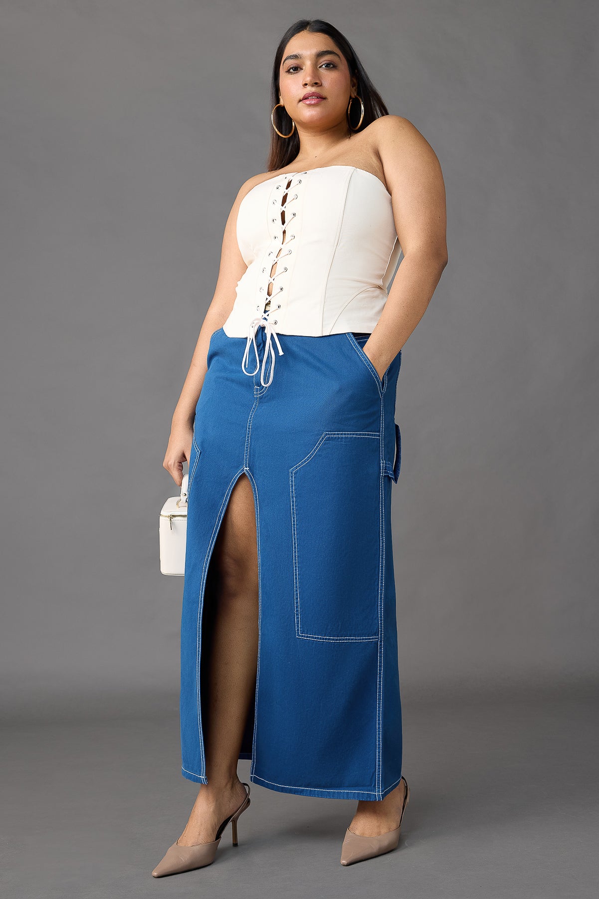 Curve Cobalt Blue Contrast Stitch Front Slit Long Skirt