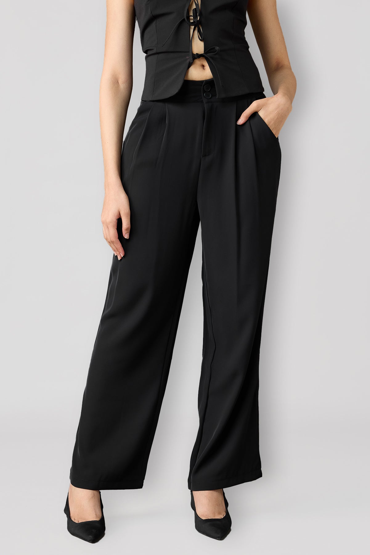 Midnight Black Korean Pleated Pants