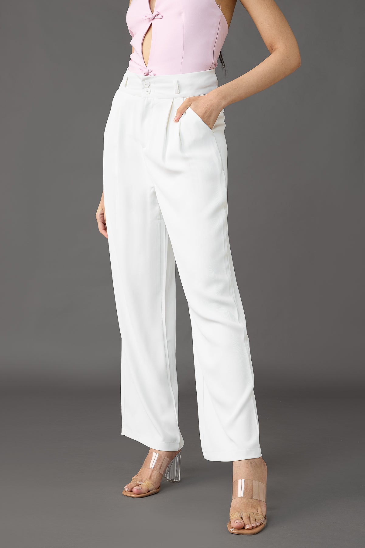 Classic Pleated Wide Leg Korean Pants - White