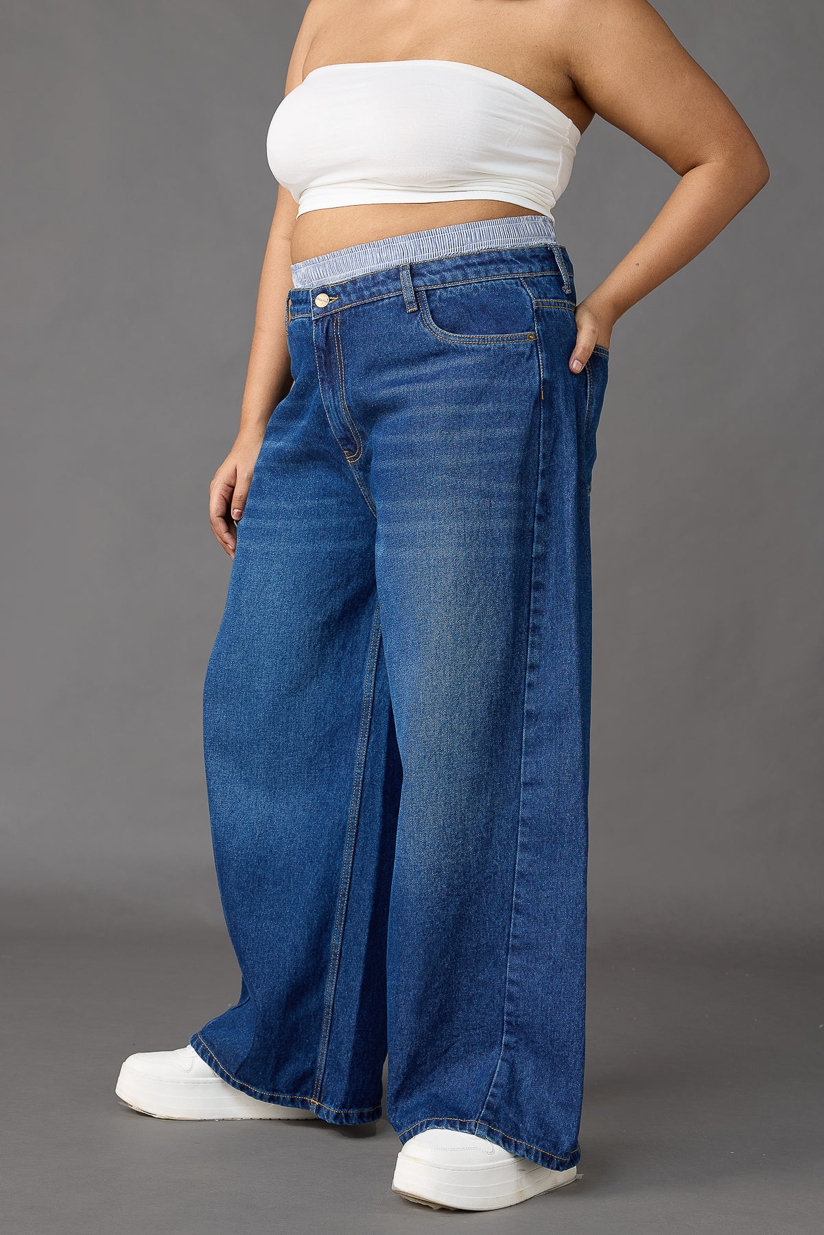 Curve Boxer Style Low Rise Wide Leg Jeans