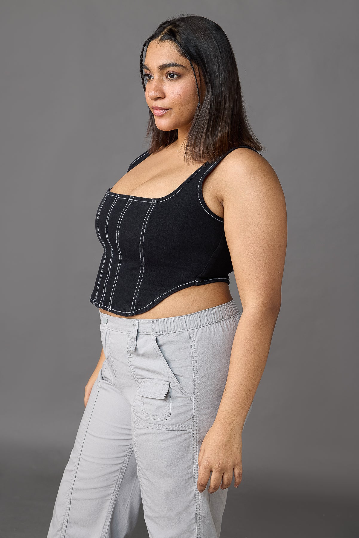 Contrast Stitch Black Denim Curve Bustier