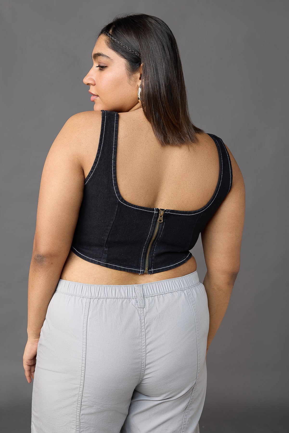 Contrast Stitch Black Denim Curve Bustier